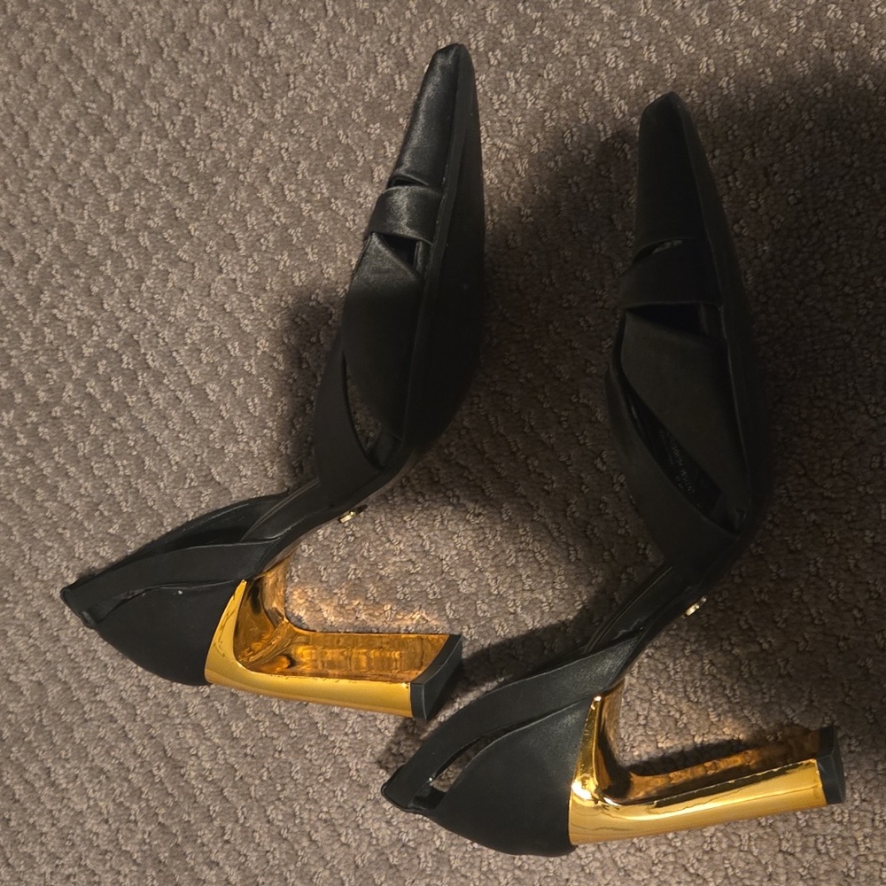 Zara Elegant Black and Gold Satin Women's Heels - Picture 3 of 7